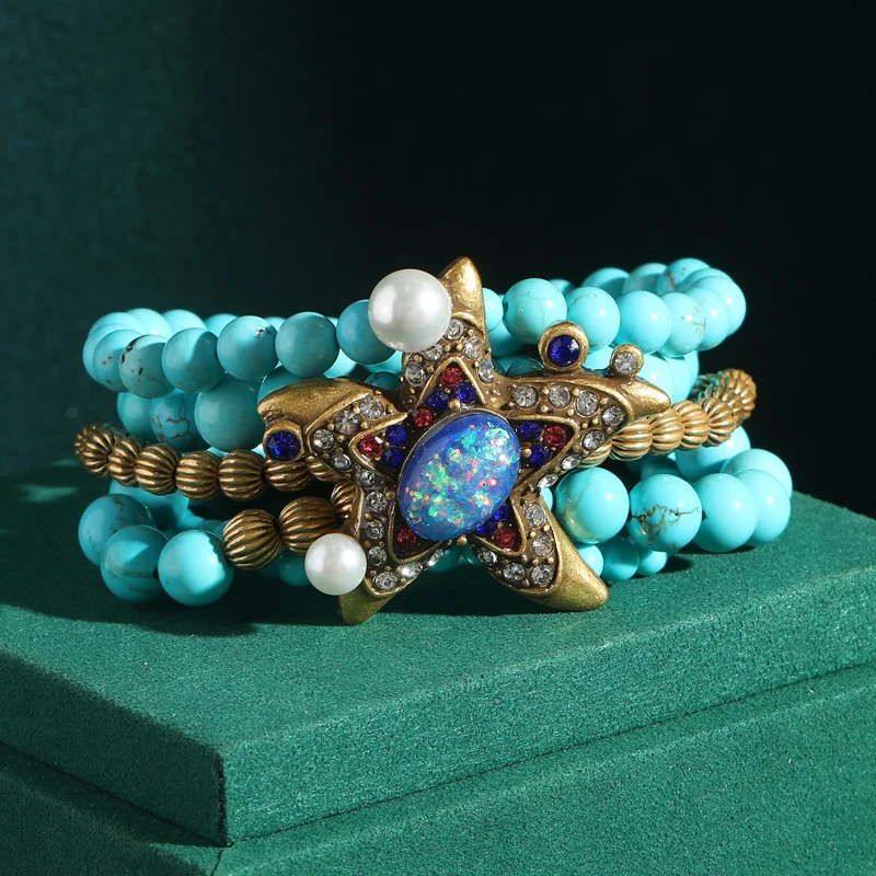 

Bohemian Jewelry Bracelets Woman Bead Turquoise Starfish Layered Gradient Elastic Rope Summer Accessories Trends 2025