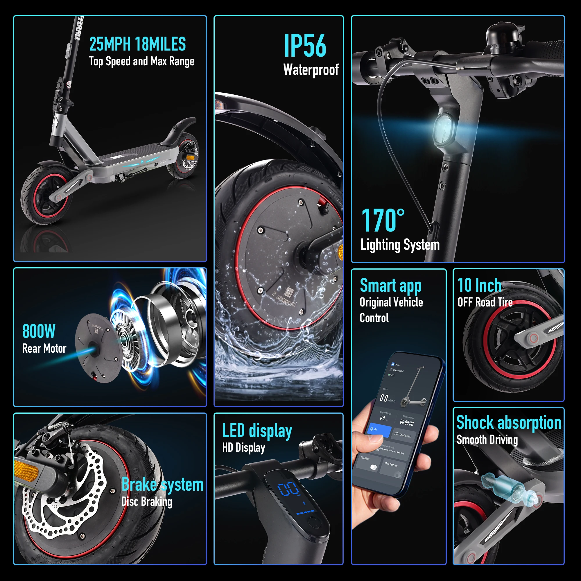ZWHEEL ZSA PLUS Foldable Electric Scooter APP Control 800W Peak 25 MPH 36V10Ah Battery 18 Miles Suspension Shock Absorption Rear Disc Brakes 10'' Road Tires Turn Signals Hands-Free Unlock 4-Modes Lightweight Easy Carry Commuting Escooter US Stock