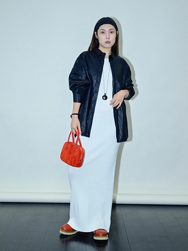 

Повседневная свободная женская блузка с длинным рукавом и воротником, синяя, в корейском стиле, с текстурой, премиум-качества