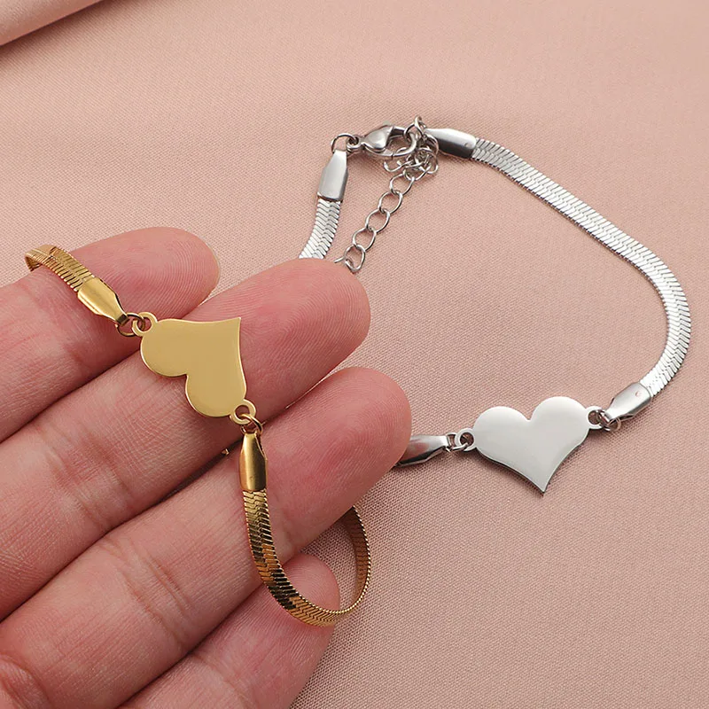 DIY Stainless Steel Heart Shaped Bracelet For Women Men Gold Color Snake Chain Bangle With Extended Chain Party Jewelry Gift