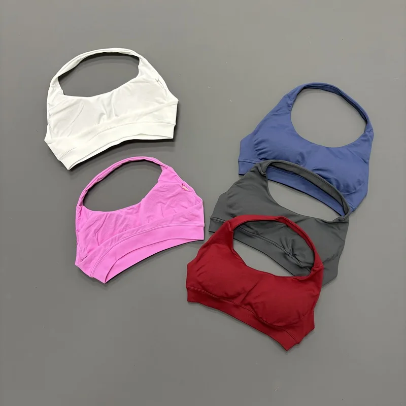 HISTELLO Seamless Halter Neck Sports Bra Women Open Back High Support Padded Top Pilates Yoga Fitness Gym Workout Wear