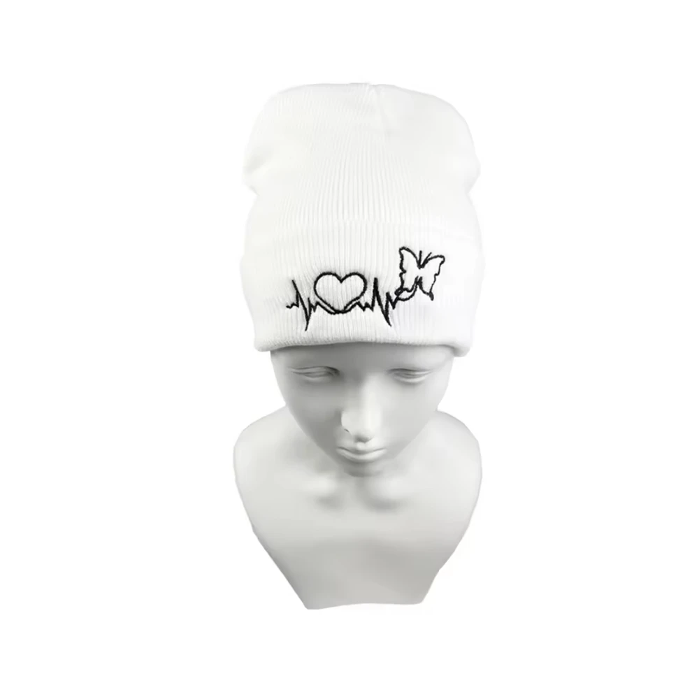 Soft Elastic Acrylic Fiber Hat Love Wave ECG Butterfly Embroidery Knitted Hat Autumn Winter Warm Outdoor Cold Beanie Cap