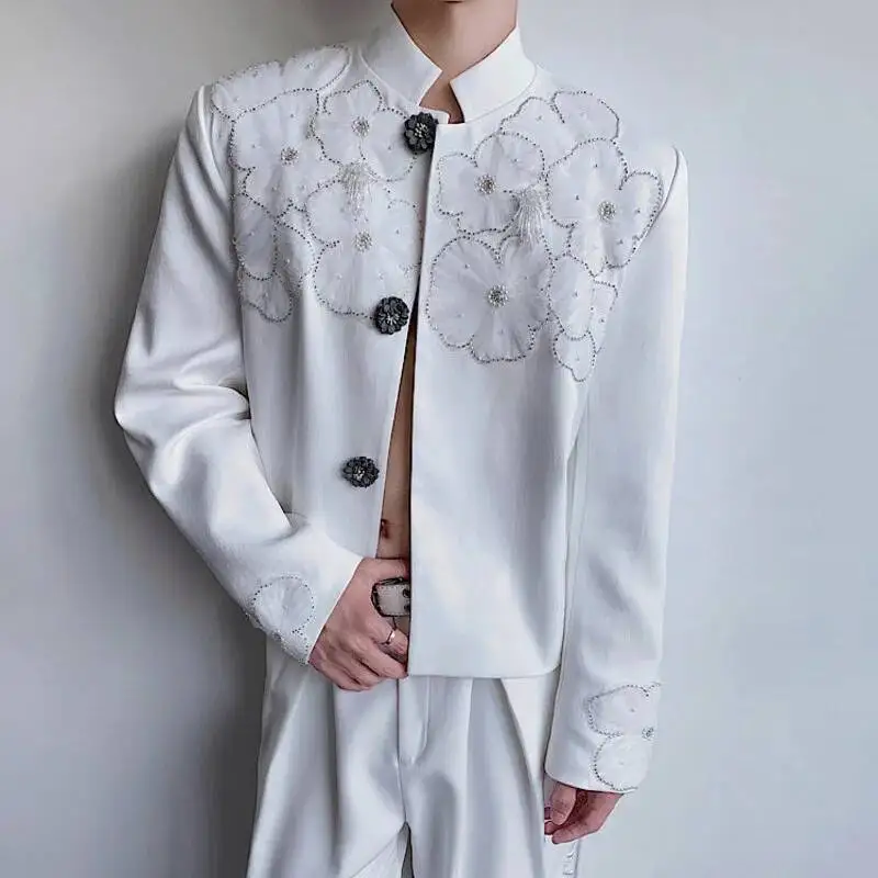 New Stylish Men's Suit Jackets Stand Collar Mesh Flowers Embroidery Pearl Decoration Single Breasted Loose Male Coats 9F3GT