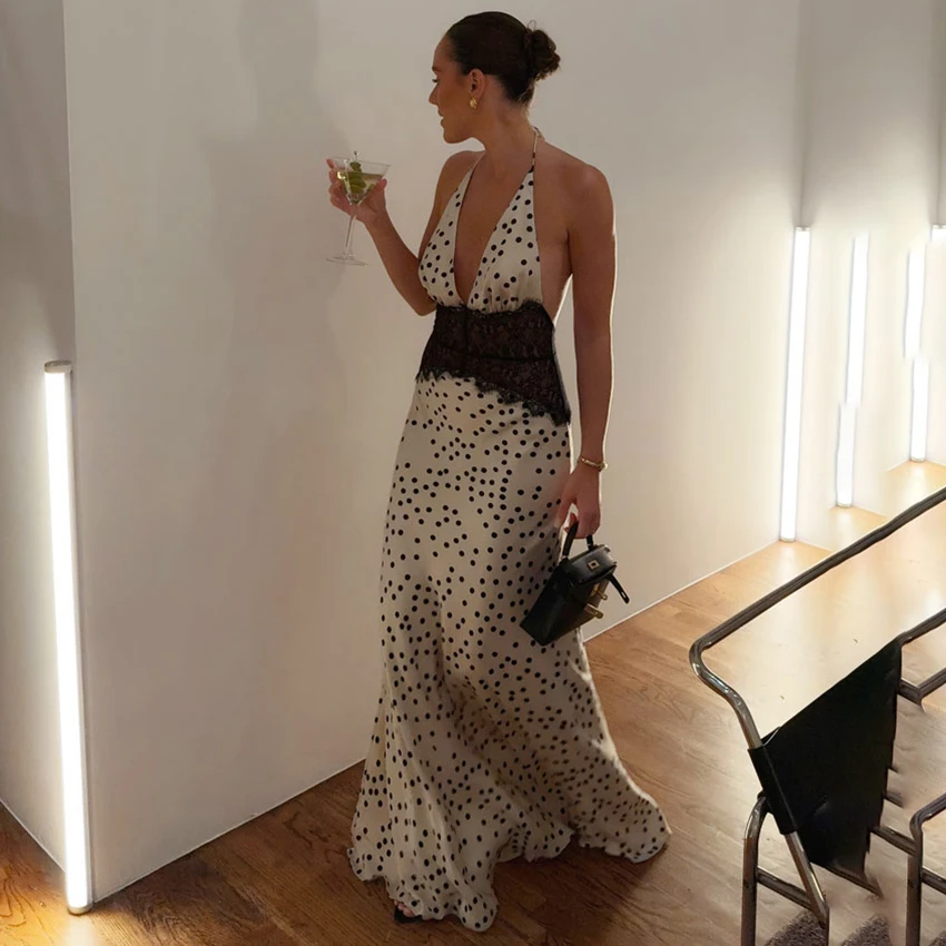 Linad Sexy à pois licou longue robe femmes automne élégant taille haute dentelle robe rue Chic mince évider robe pour femme