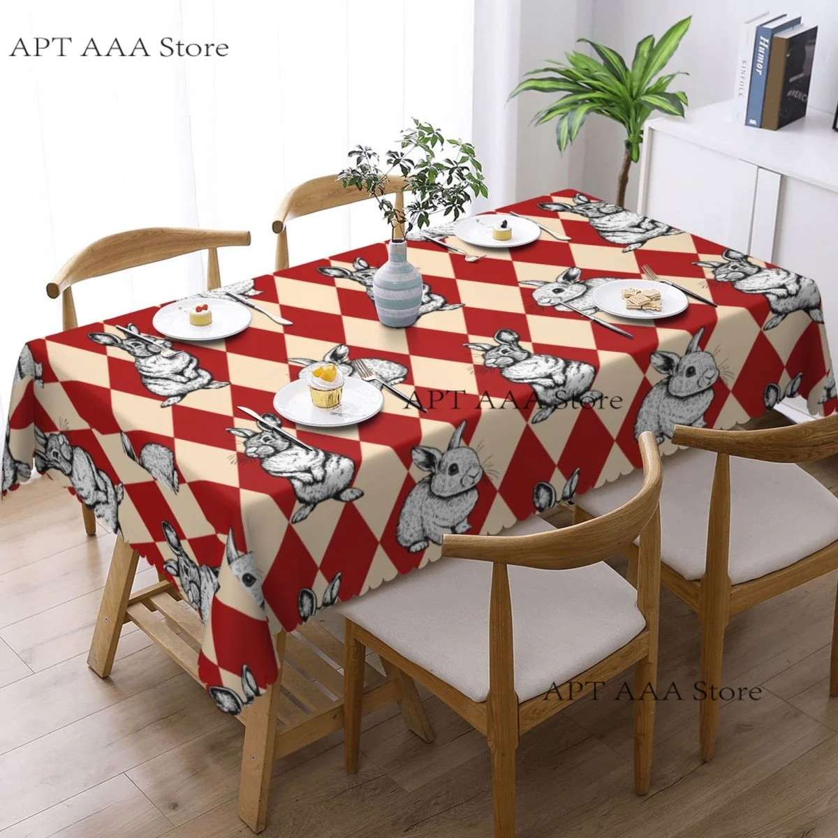 Rabbit Check Tablecloth Waterproof Vintage Textile Table Cover Cloth for Party 60 inches