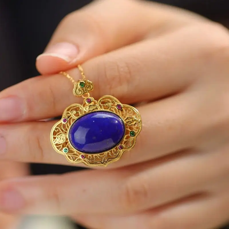 Classical lapis lazuli necklaces High sense Elegant simple ancient gold craft Hollow crystal dark blue pendant Fashion jewelry view 5