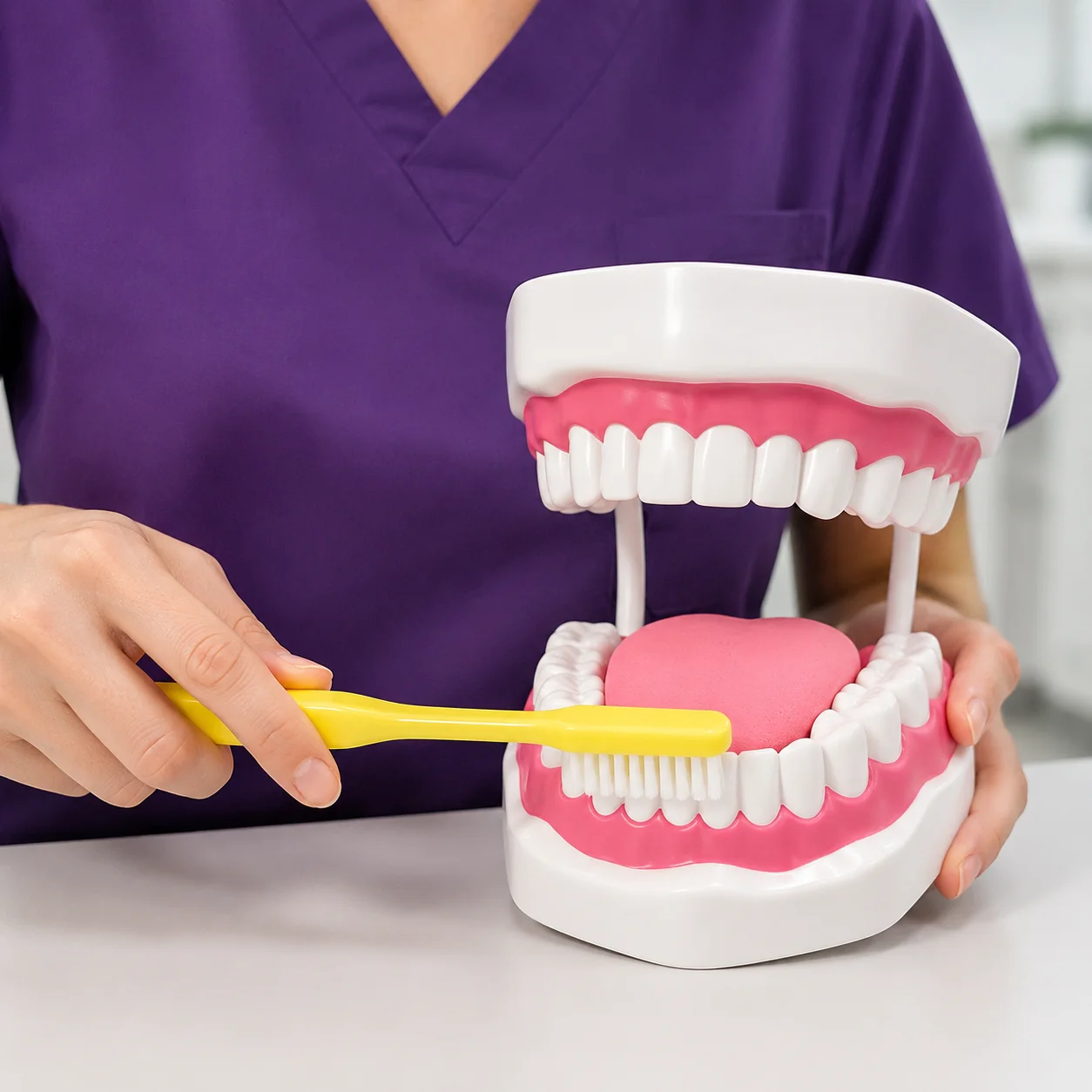 6X Enlarged Dental Mouth Model with Yellow Toothbrush, Oral Hygiene Teaching Aid for Brushing Demonstration, 4 Colors Available