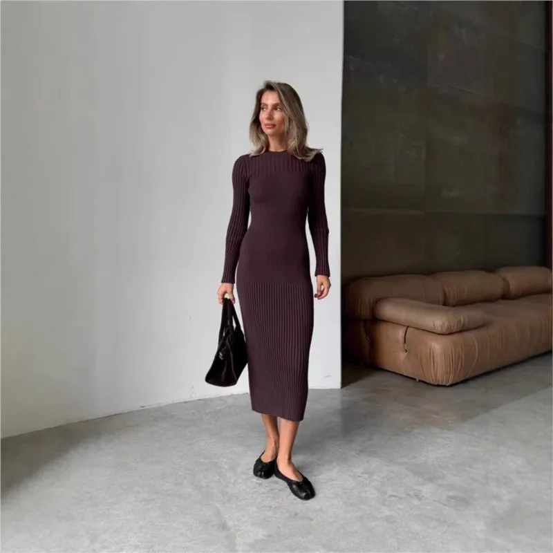 Vestido ajustado de color sólido de manga larga con cuello redondo de punto elegante para Otoño Invierno falda larga de temperamento a la moda para mujer
