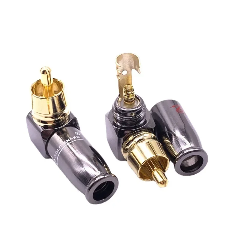 2pcs/1pair 90 Degree Snake King RCA L-shaped Gun Black Gold Plated Right Angle RCA Male Plug Audio Video Connector Soldering