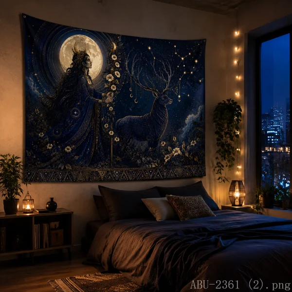 Moon Phase Lotus Goddess Tapestry Pray Pose Crescent Full Moon Starry Sky Wall Hanging Spiritual Witchy Bedroom Yoga Decor