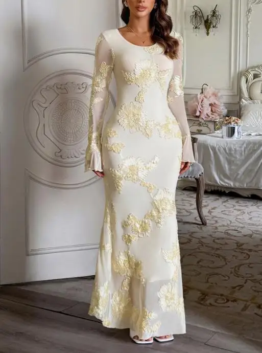 

2026 Spring/summer New Fashion Casual Elegant Sexy Flared Sleeve Jacquard Slim Fit Dress for Women's Wear