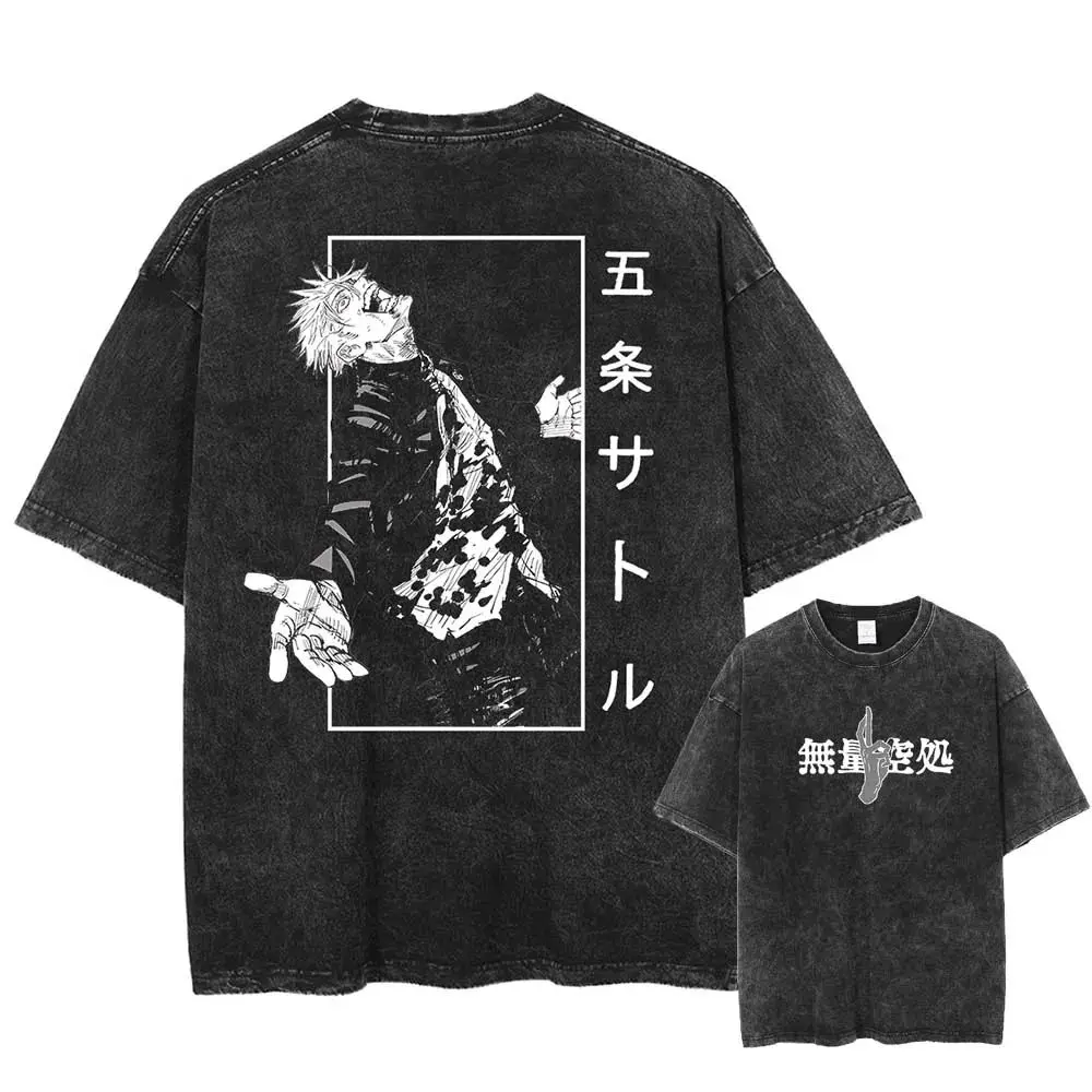 Vintage Washed Black Anime Print Kurzarm Rundhals Y2k T-Shirt Herrenbekleidung Neu in Top & T-Shirts Herren T-Shirt Camiseta 61314