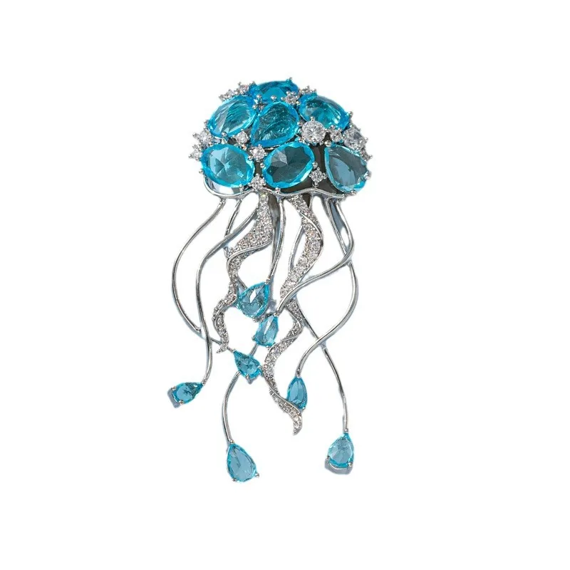 Dream Sea Blue and Red Jellyfish Brooches for Women and Men Suit Accessories Pins High-end Color Crystal Trendy Corsage Broche