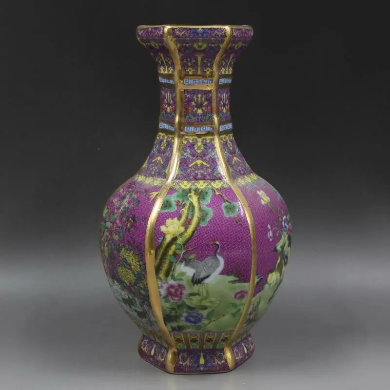 

Chinese Enamels Porcelain Purple Flower Bird Gilt Edge Six Sides Vase 10 inch