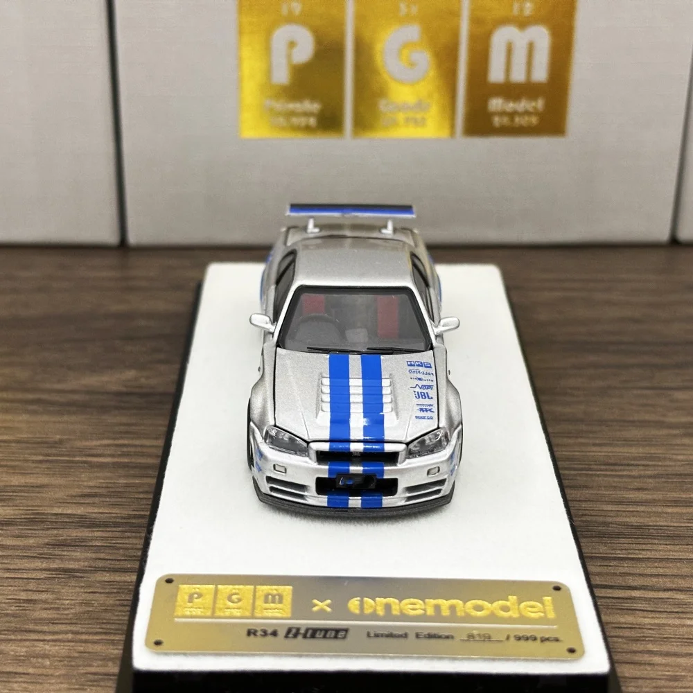 Newly Stocks PGM 1:64 Diecast Fully Opened GTR R34 Z-TUNE Fast and Furious Silver Blue Stripe Color In 2024