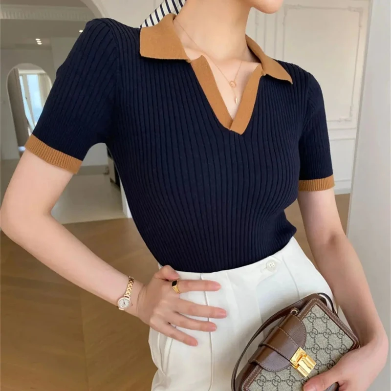 Short Sleeve Polo Neck Knitted Tops Women Lightweight Knitted Sweater Polo Shirts Elegant Office Lady Casual Chic Outfit