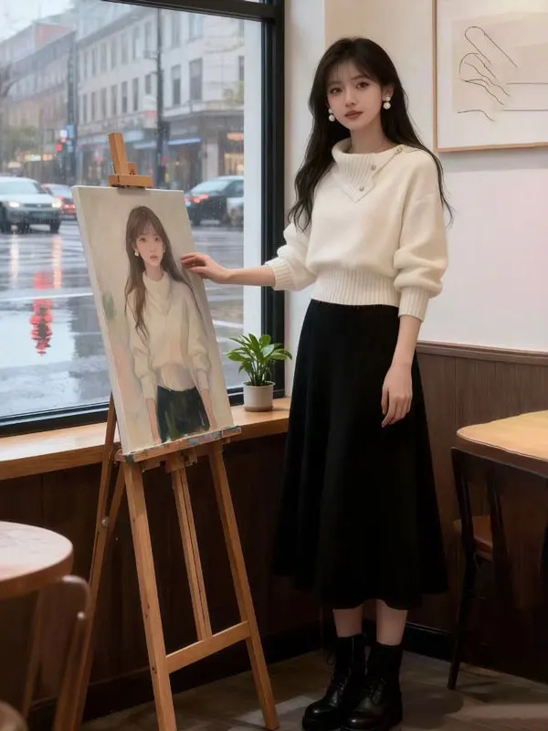 

Корейский комплект: свитер и юбка, нежный и элегантный, из двух предметов, осенний, модный, женский, удобный, с длинными рукавами, круглым вырезом, из смесового хлопка