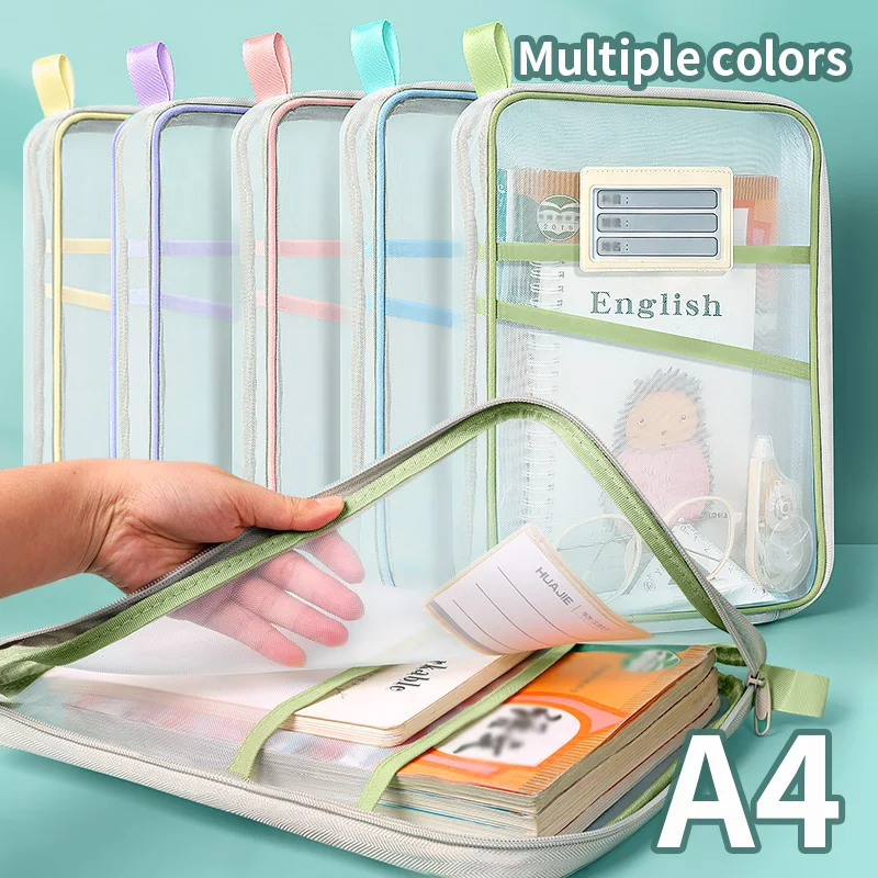 Huajie A4 Stationery Storage Bag Double-Layer Mesh Zipper Bag Large Capacity Storage Folder School Office Supplies Stationery Bag