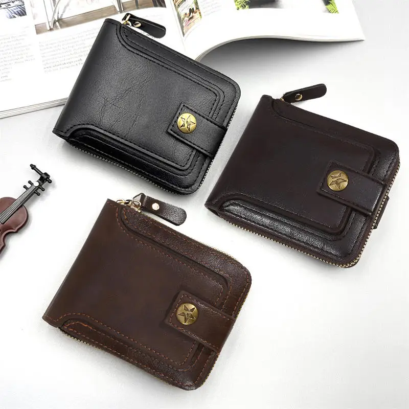 Men's Wallet PU Leather Short Purse Men Hasp Zipper Clutch Solid Color Wallets High Quality Durable Convenient Wallets