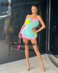 Cara&Alan Colorful Feathers Party Dresses for Women Spaghetti Straps Short Prom Gowns 2022 Mini Cocktail Dress