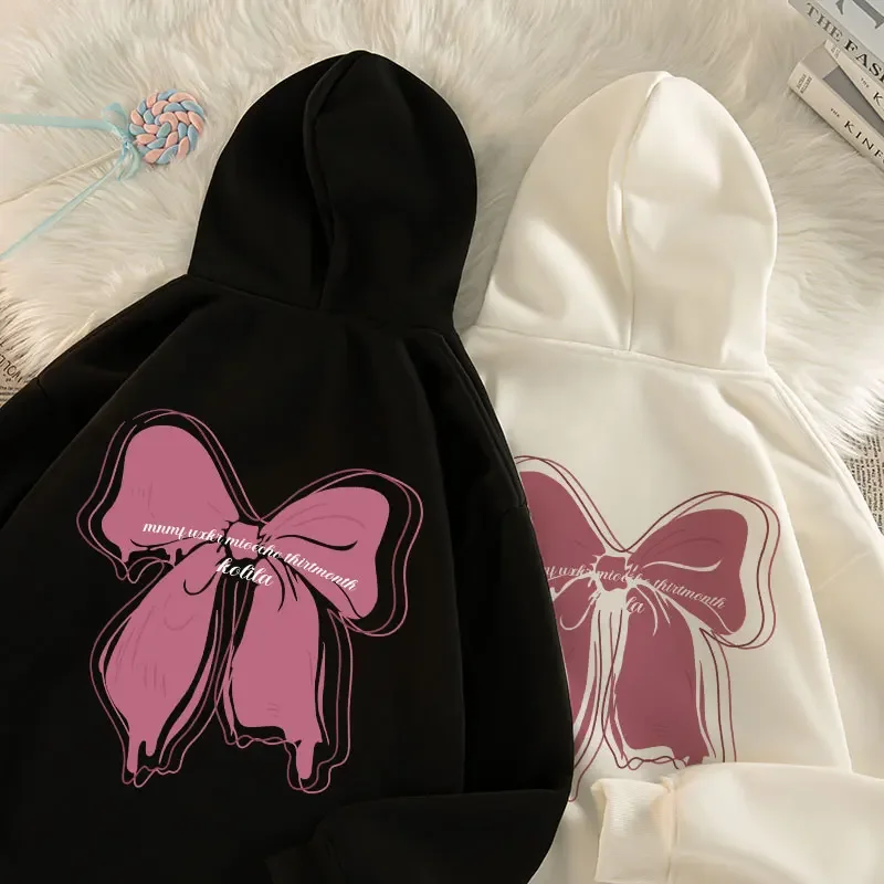 Women Cute Fresh Bow Hooded Pure Cotton Hoodie Printed Fashion Autumn And Winter Girls Outdoor Top High Quality Streetwear