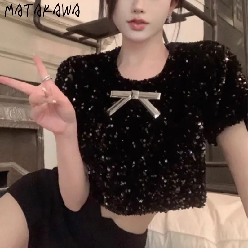 

Matakawa Y2k Одежда с блестками Футболка для женщин Soid Bows Весна Лето Ретро Ropa De Mujer Корейская мода Милые короткие футболки