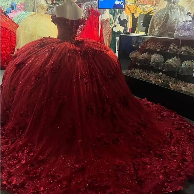 Robes de Quinceanera bordeaux mexicaines personnalisées, épaules dénudées, Corset Floral 3D, robe de bal pour femmes, robe de bal, 15 16 filles