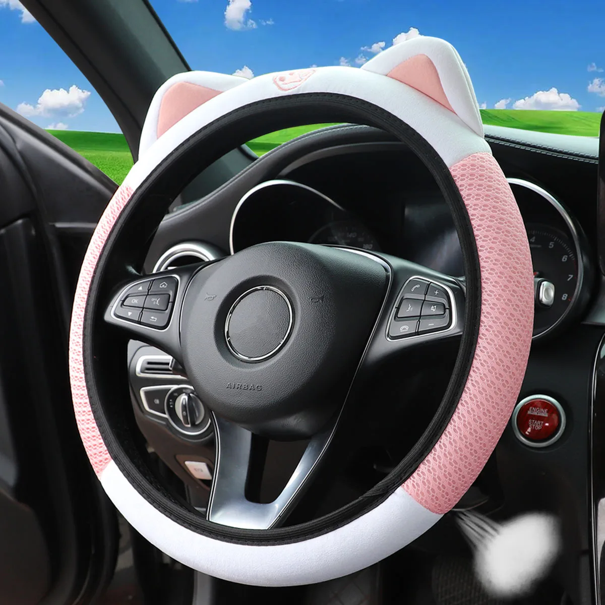 1 atmungsaktiver Mesh-Stoff-Lenkradbezug mit niedlichem Kätzchen-Motiv ohne Innenring, passend für 14,5-15 Zoll, Autozubehör – Detail 3