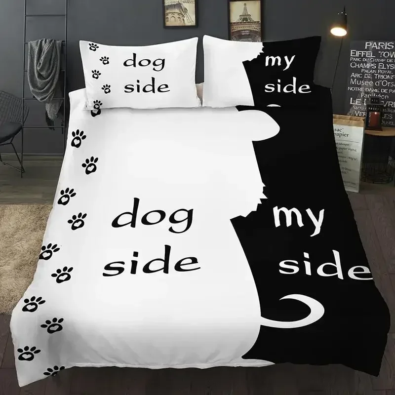 Black white Novelty Gift Funny Dog Side My Side Words Dog Paws Print Bedding Set Quilt Duvet Cover Pillow Case US AU EU Size