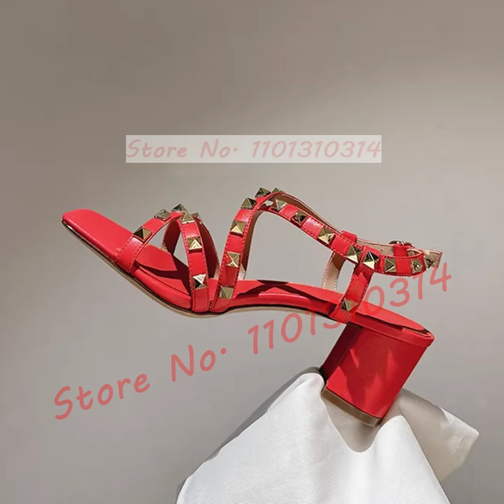 Rose Red Shiny Real Leather Rivets Block Heels Sandals Women Square Toe Gorgeous Party High Heels Gold Studded Trendy Shoes