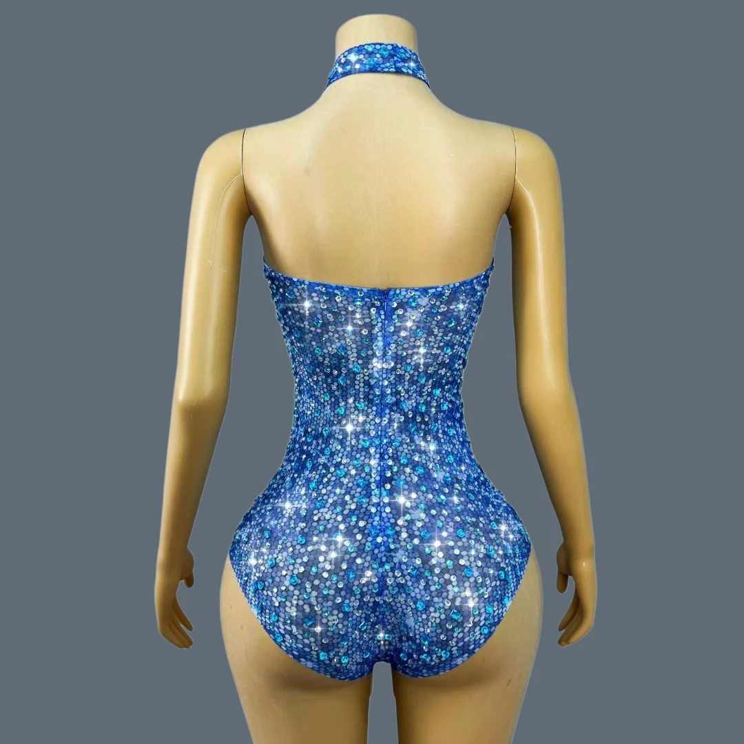 

Blue Rhinestone Mesh Bodysuit Neck Deep V-Neck Cutout Sheer Bodycon Outfit Women Club Party Drag Queen Stage Costume Lansuixing