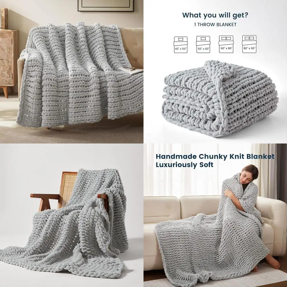 

Уютное массивное вязаное одеяло для дивана и кровати — мягкий серый веревочный узел ручной работы, 80x90 дюймов