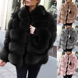 Women Fox Faux Fur Black Coats Stand Collar Single Breasted Jackets Warm Thick Coat Full Sleeve Open Stitch 2024 Autumn Winter