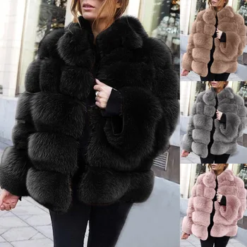 Image Women Fox Faux Fur Black Coats Stand Collar Single Breasted Jackets Warm Thick Coat Full Sleeve Open Stitch 2024 Autumn Winter