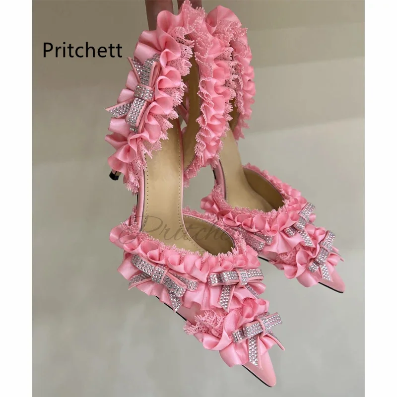 

Rhinestone Bowknot Lace High Heels Sandals for Women Summer New Pointed Toe Back Strap Single Shoes Black White Pink Satin Pumps