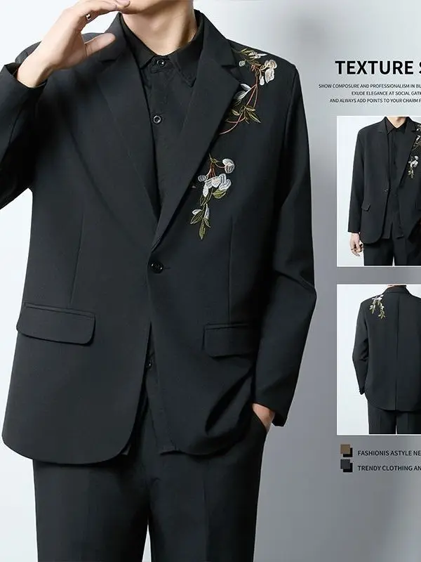

Fall Faion Heavy Embroidery Sequin Casual Men's Suit Jaet Performance Trendy Loose Polyester Long Sve Wide Lapel