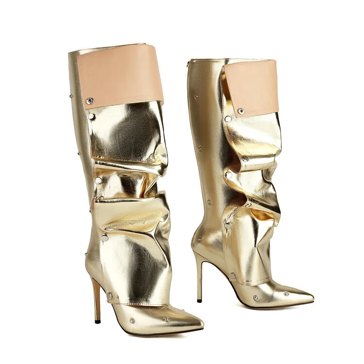 

Mirrored Metallic Fashion Knee-High Boots Pointed Toe Removable Rear Zipper Long Botines Pleated Stiletto Women Botas Femininas