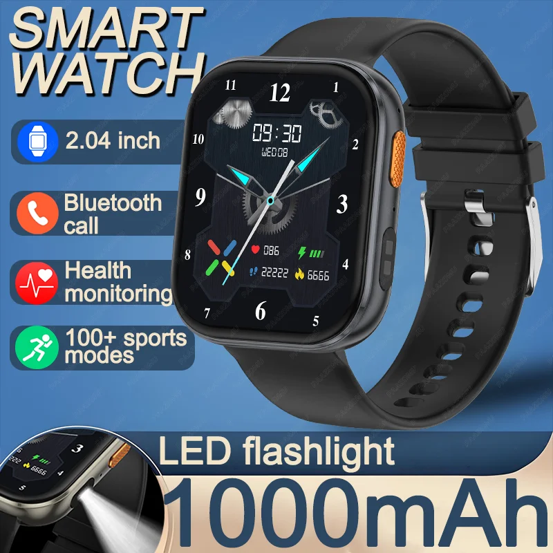 Neue Outdoor-Smartwatch mit 1000mAh Akku, 2,04' HD-Bildschirm, LED-Taschenlampe, 100+ Sportmodi, BT-Anruf, Wasserdicht, für Männer und Frauen