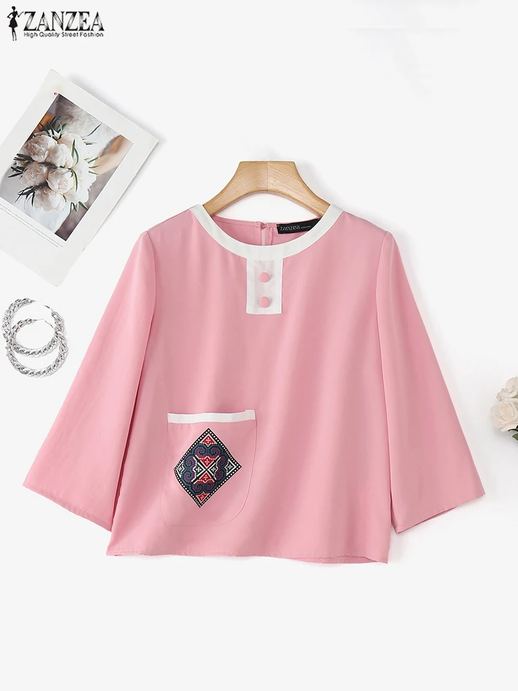 เสื้อผู้หญิง ZANZEA สไตล์วินเทจ พิมพ์ลาย มีกระเป๋า เสื้อเชิ้ตแขน 3/4 แฟชั่นปี 2025 สไตล์เกาหลี เรียบหรู เหมาะสำหรับใส่ทำงาน