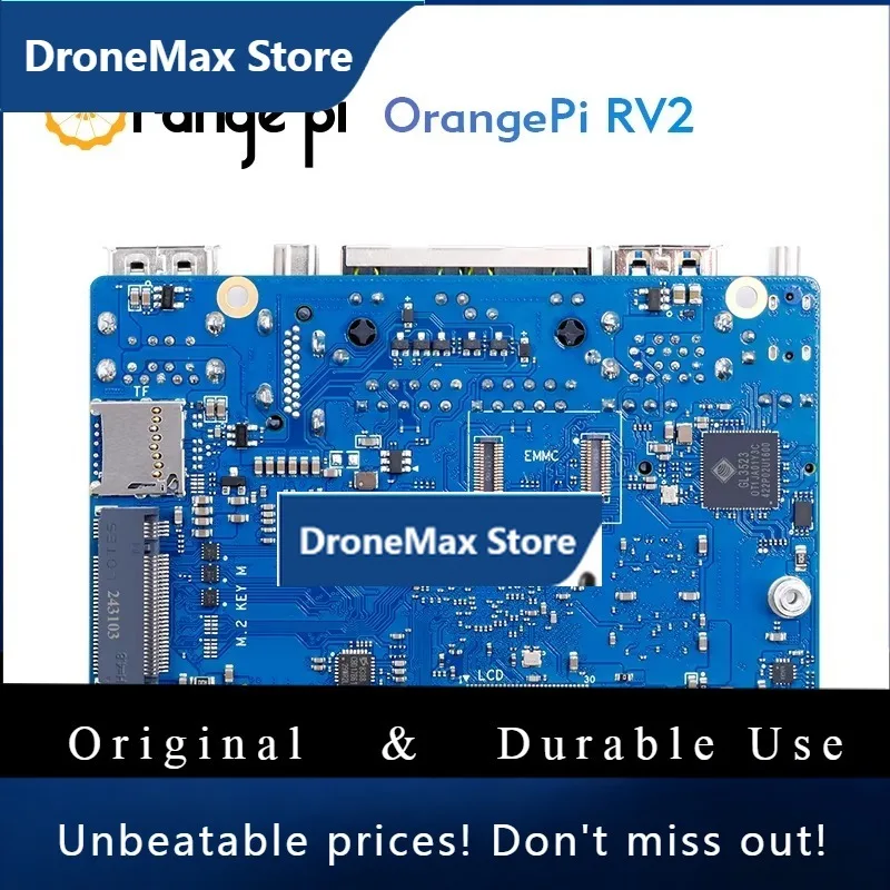 DroMaOrange Pi RV2 8GB RAM + 64GB EMMC Module + Power Supply Development Board RISC-V AI 2TOPS NPU WiFi+BT5.0 M2.0 NVMe SSD Port