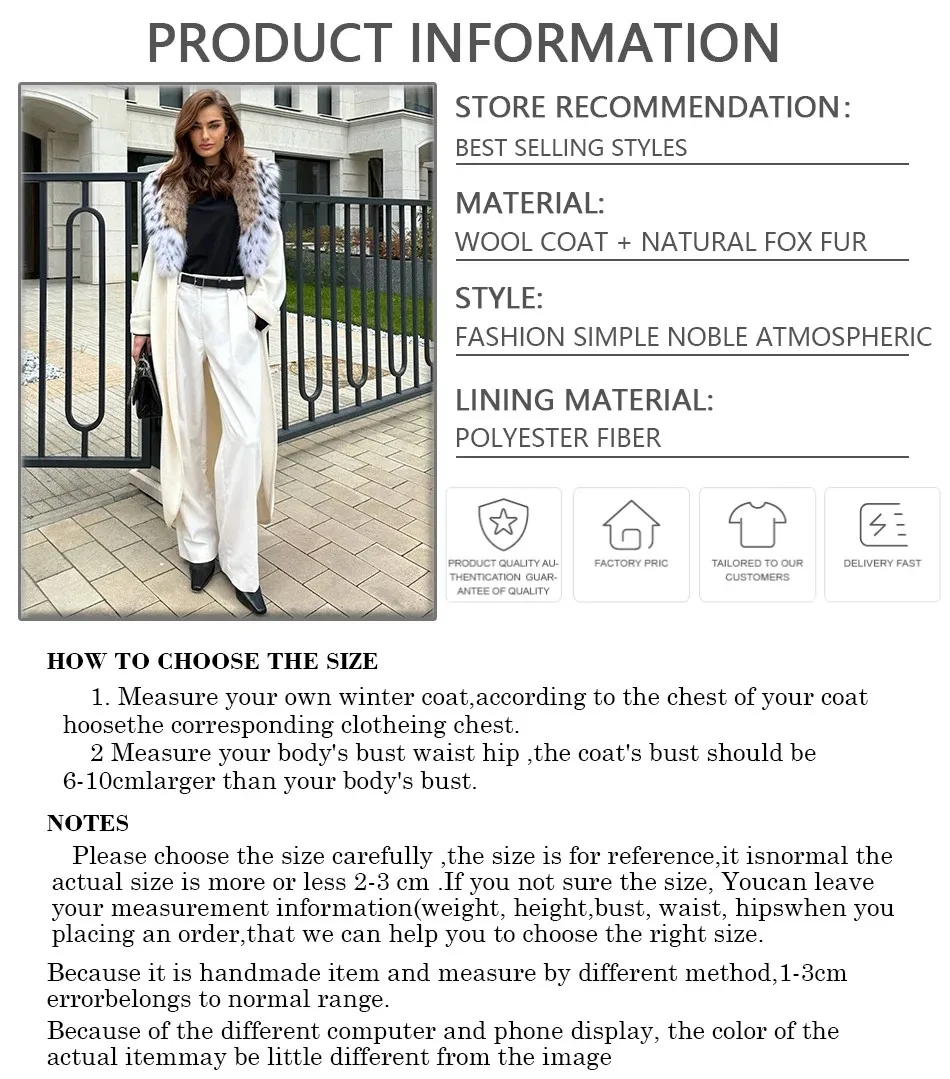 معطف صوف للسيدات معطف فرو أبيض دافئ بياقة فرو الثعلب الحقيقي سترة من الفرو الطبيعي معاطف طويلة للنساء