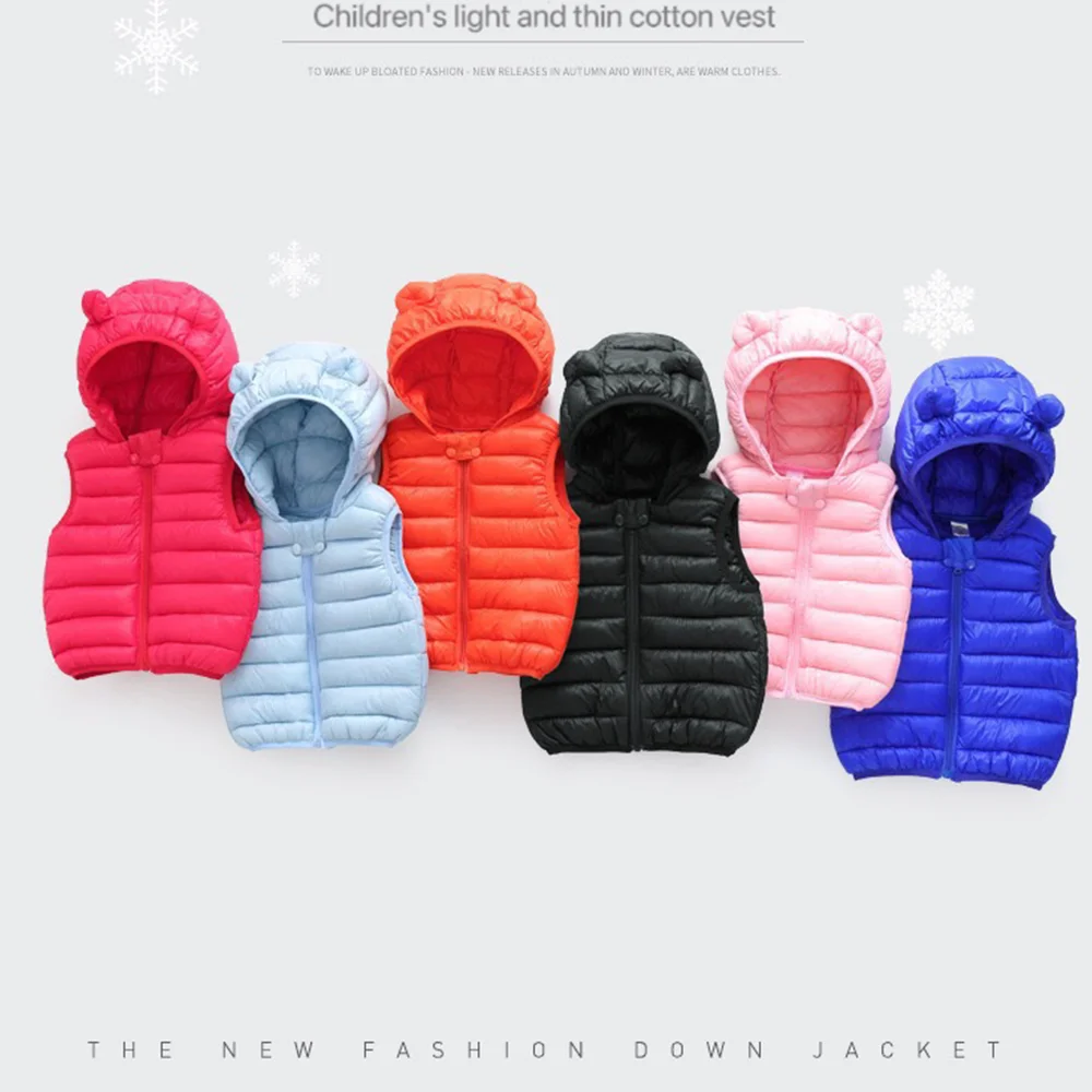 

Новый теплый пуховый жилет для маленьких мальчиков и девочек, осенне-зимний хлопковый жилет с ушками, детская одежда, однотонная куртка с капюшоном, жилеты