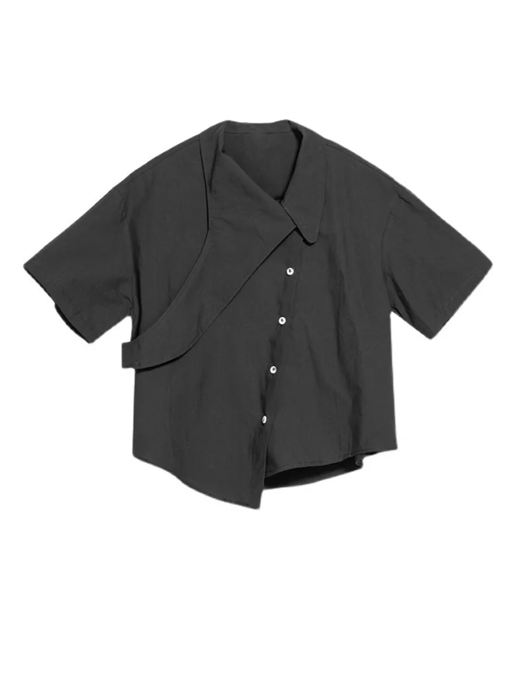 [EAM] Women Black Irregular Big Size Casual Blouse New Lapel Short Sleeve Loose Fit Shirt Fashion Spring Summer 2024 1DE8726