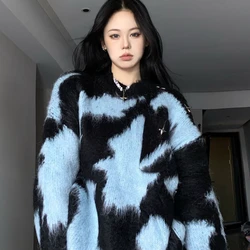 Korean Fashion Contrast Color Sweater for Women Autumn Winter Loose Knitted Top Female Casual Long Sleeve Oversized Pullovers