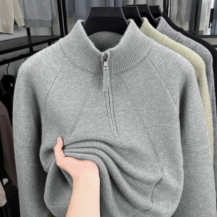 

Мужской свитер на молнии, вязаный, свободного кроя, с высоким воротом, премиум-качество, модный базовый слой для осени и зимы