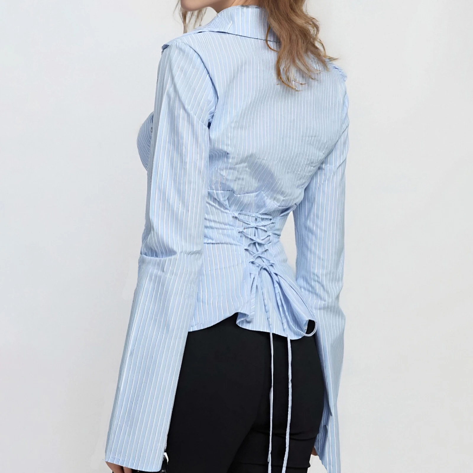 

Combhasaki женская Y2K Harajuku винтажная полосатая рубашка с длинным рукавом на пуговицах с лацканами и v-образным вырезом блузка с завязками элегантный облегающий осенний топ