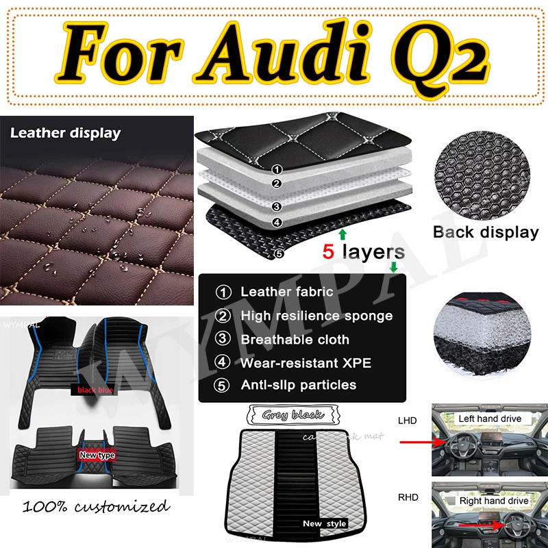 

Роскошные автомобильные коврики для Audi Q2 2017 ~ 2022 г., коврик против грязи, кожаный прочный автомобильный напольный коврик, аксессуары для салона автомобиля, полные детали