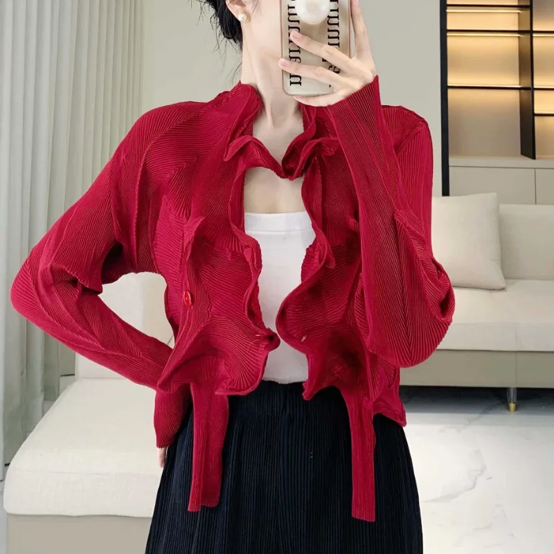 GGHK Pleated Women Thin Jacket Solid Color Lapel Long Sleeve One Button Design Fashion Casual Chic Top 2025 Spring Female Jacket