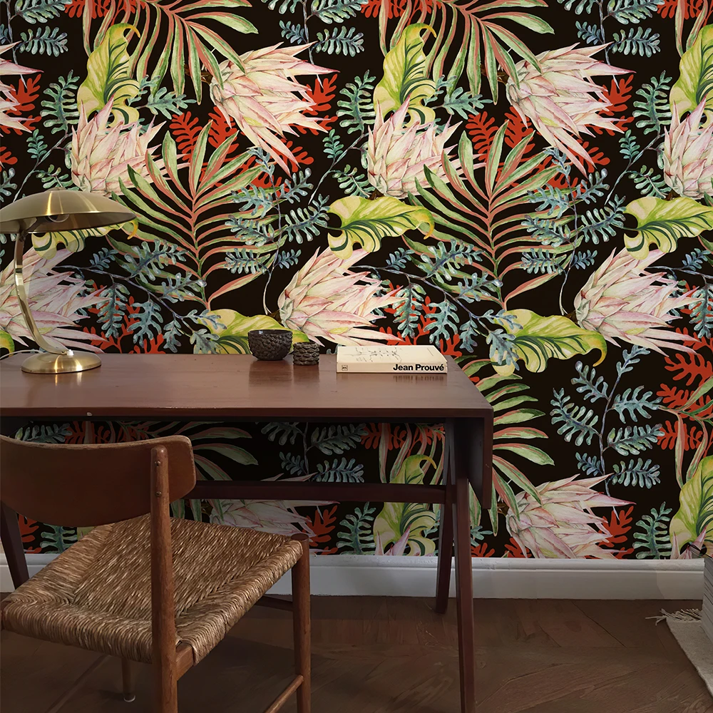 Palm Frond Black Peel And Stick Wallpaper Colorful Leaf Self-adhesive Furniture Cabinet StickerPVC Waterproof Kitchen Renovation