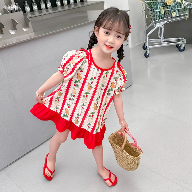 Girl\'s dress summer baby girl full print rabbit patchwork solid color lace bubble sleeve princess dress